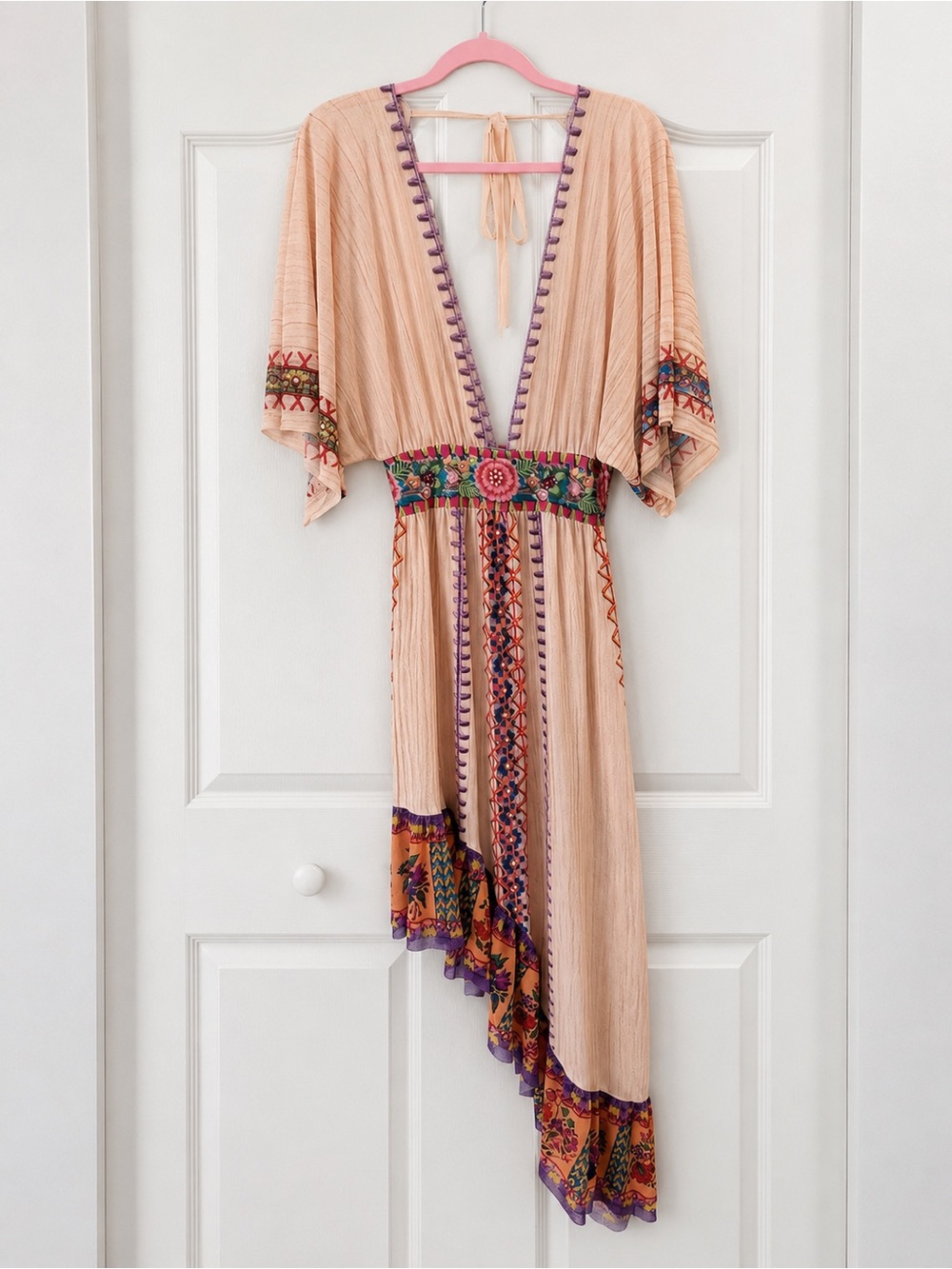 Peach Embroidered Asymmetrical V-Neck Dress